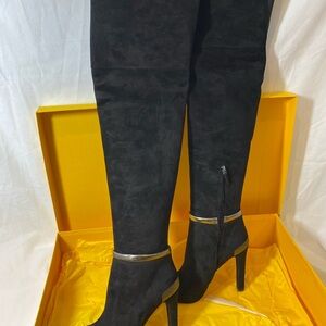 FENDI Chic Black Suede Over-the-Knee Boots with Gold Accents